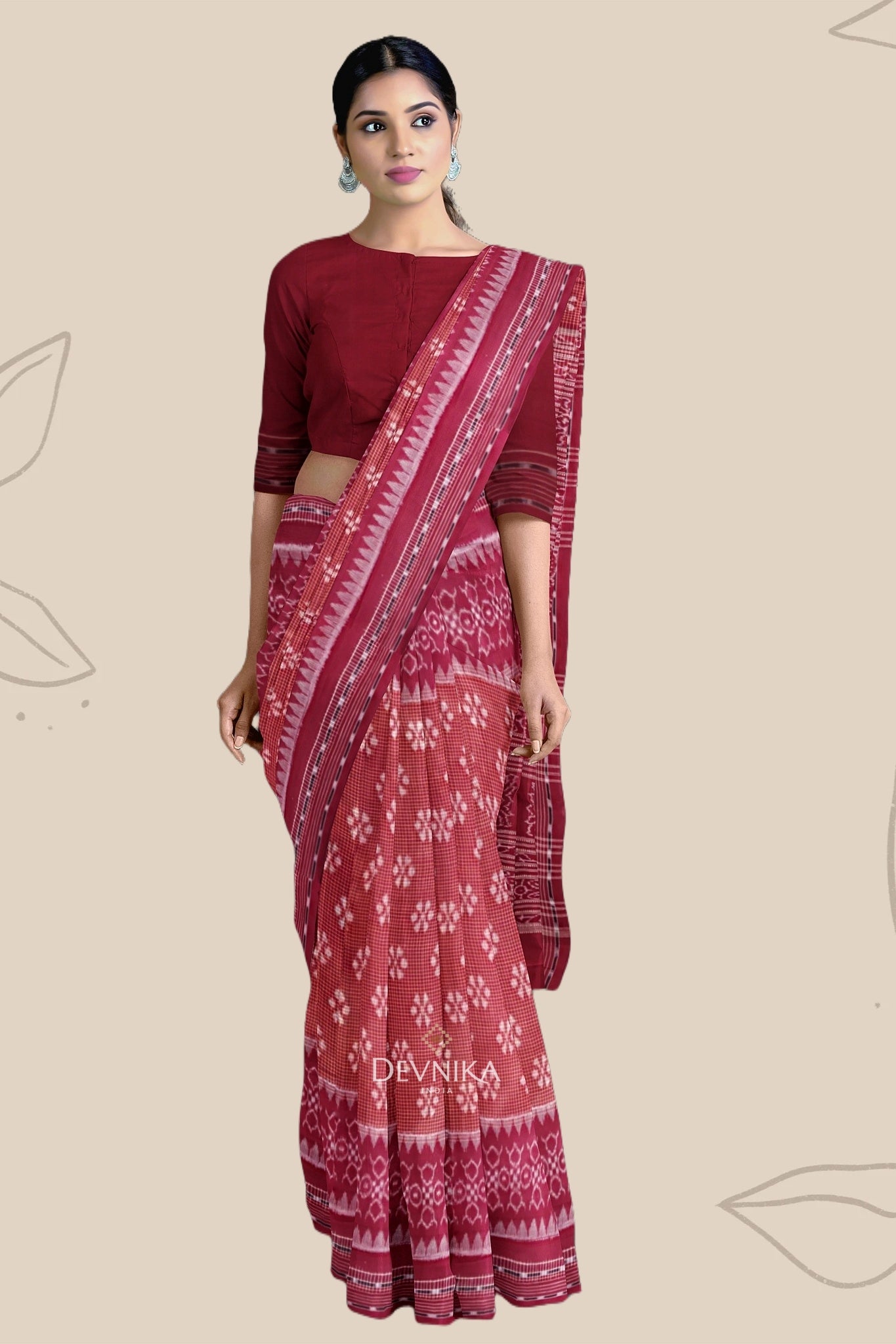 Brown Maroon Body Bandha Handloom Cotton Saree | Odisha Handloom | Devnika