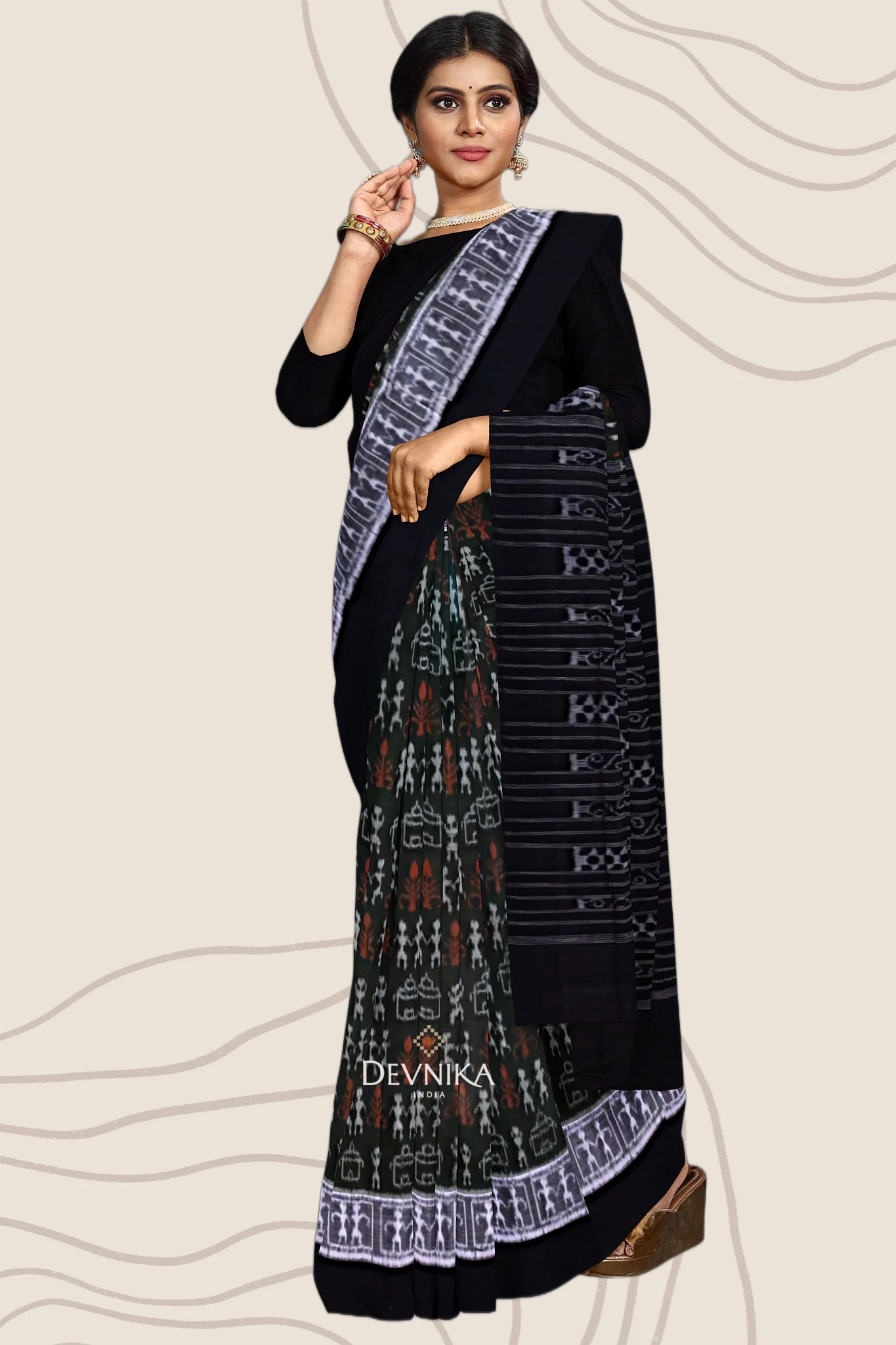 Dark Olive Green Teracota Bandha Handloom Cotton Saree | Odisha Handloom | Devnika