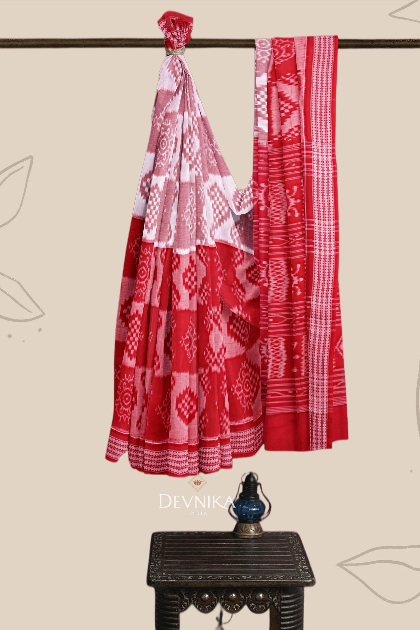 White Red Body Bandha Handloom Cotton Saree | Odisha Handloom | Devnika