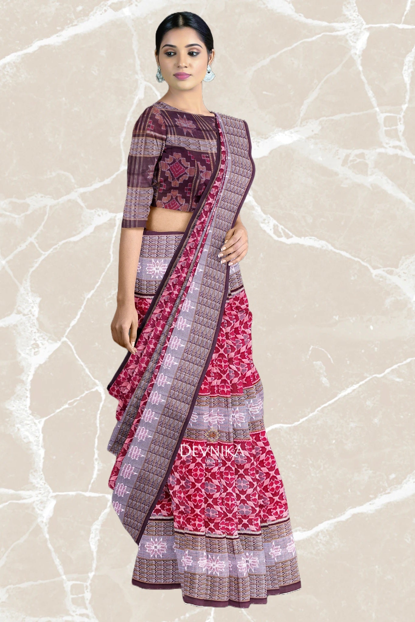 Red And Maroon Fish Bandha Handloom Cotton Saree | Odisha Handloom | Devnika