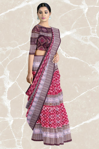 Red And Maroon Fish Bandha Handloom Cotton Saree | Odisha Handloom | Devnika