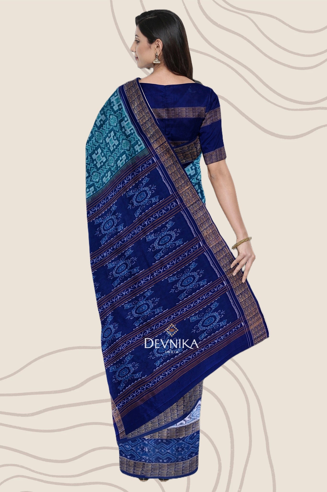 Cyan Double Border Bandha Handloom Cotton Saree | Odisha Handloom | Devnika