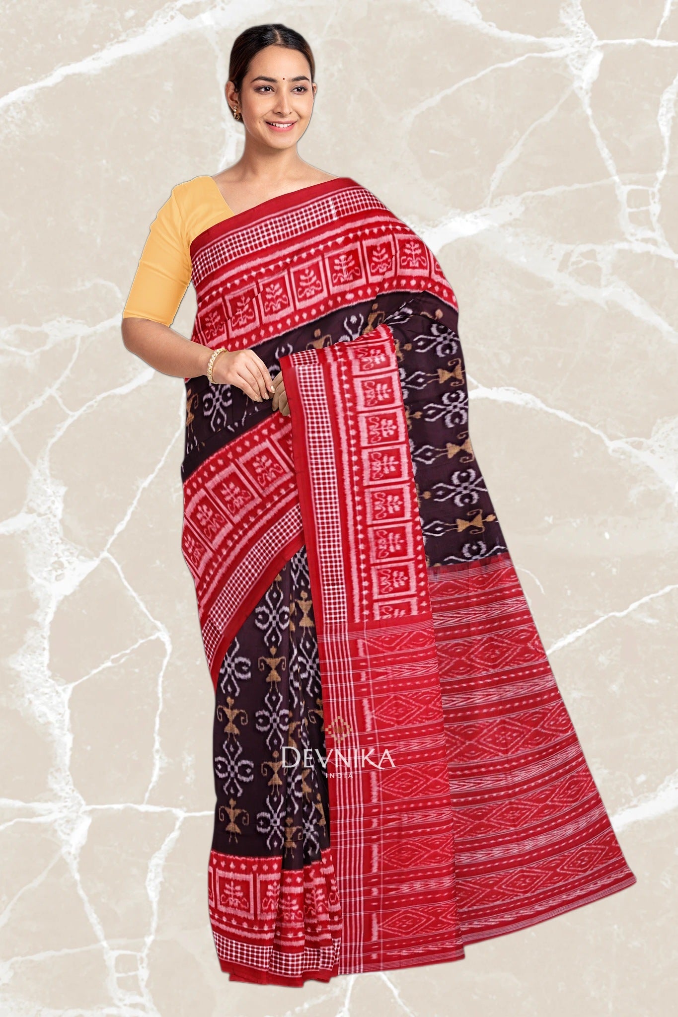 Coffee Body Bandha Handloom Cotton Saree | Odisha Handloom | Devnika