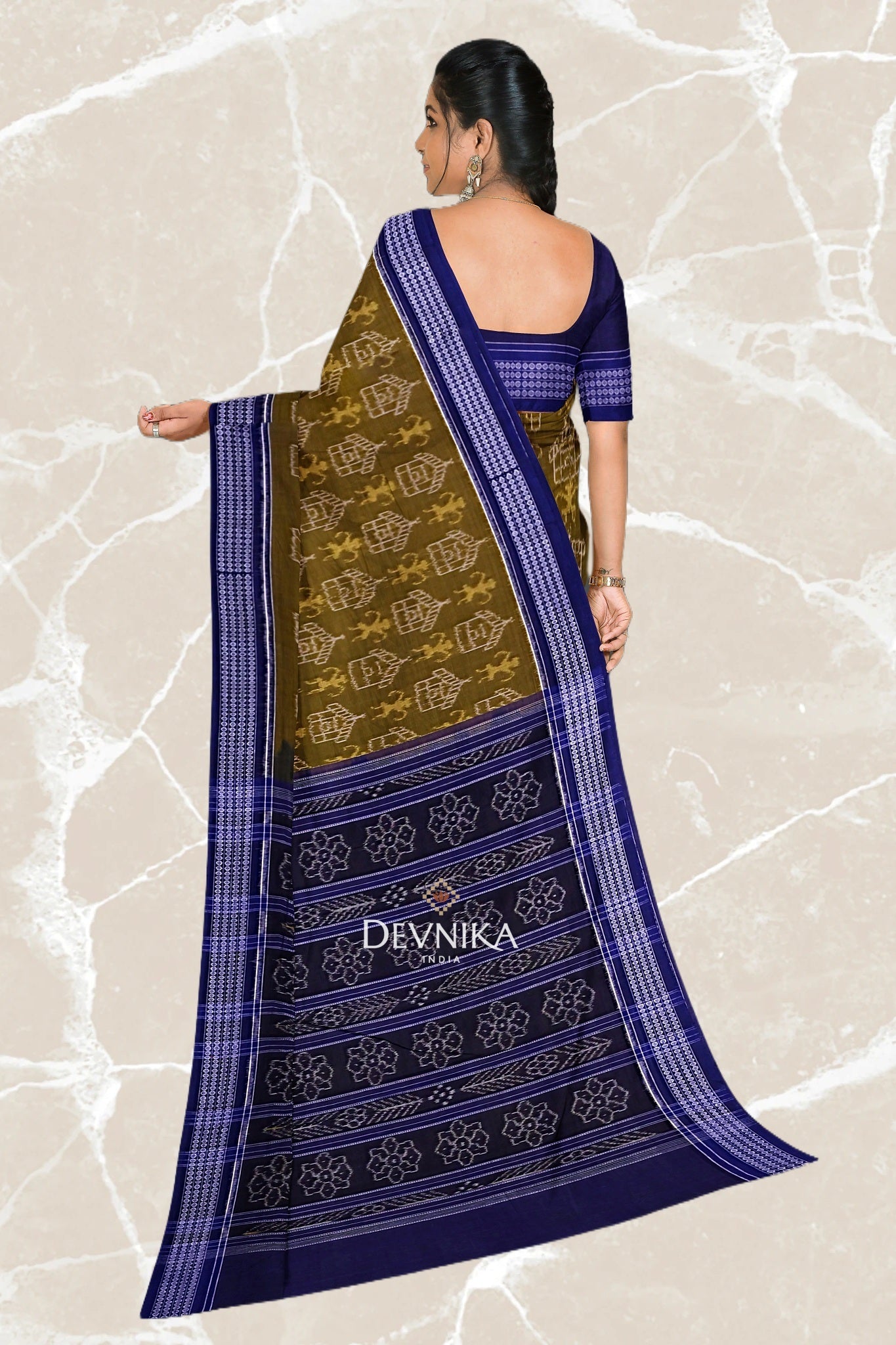 Olive Teracota Bandha Handloom Cotton Saree | Odisha Handloom | Devnika