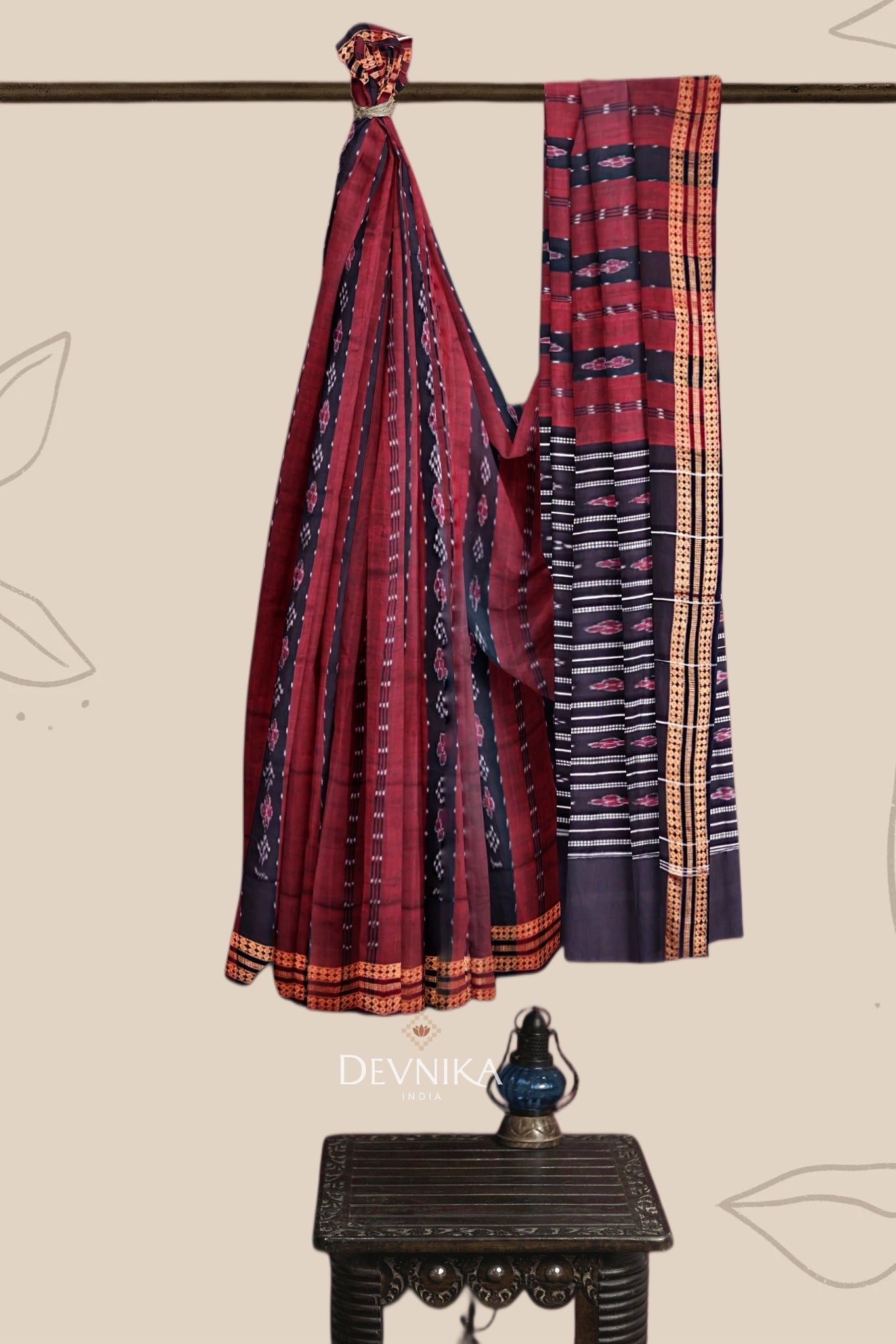 Maroon And Black Line Bandha Saree