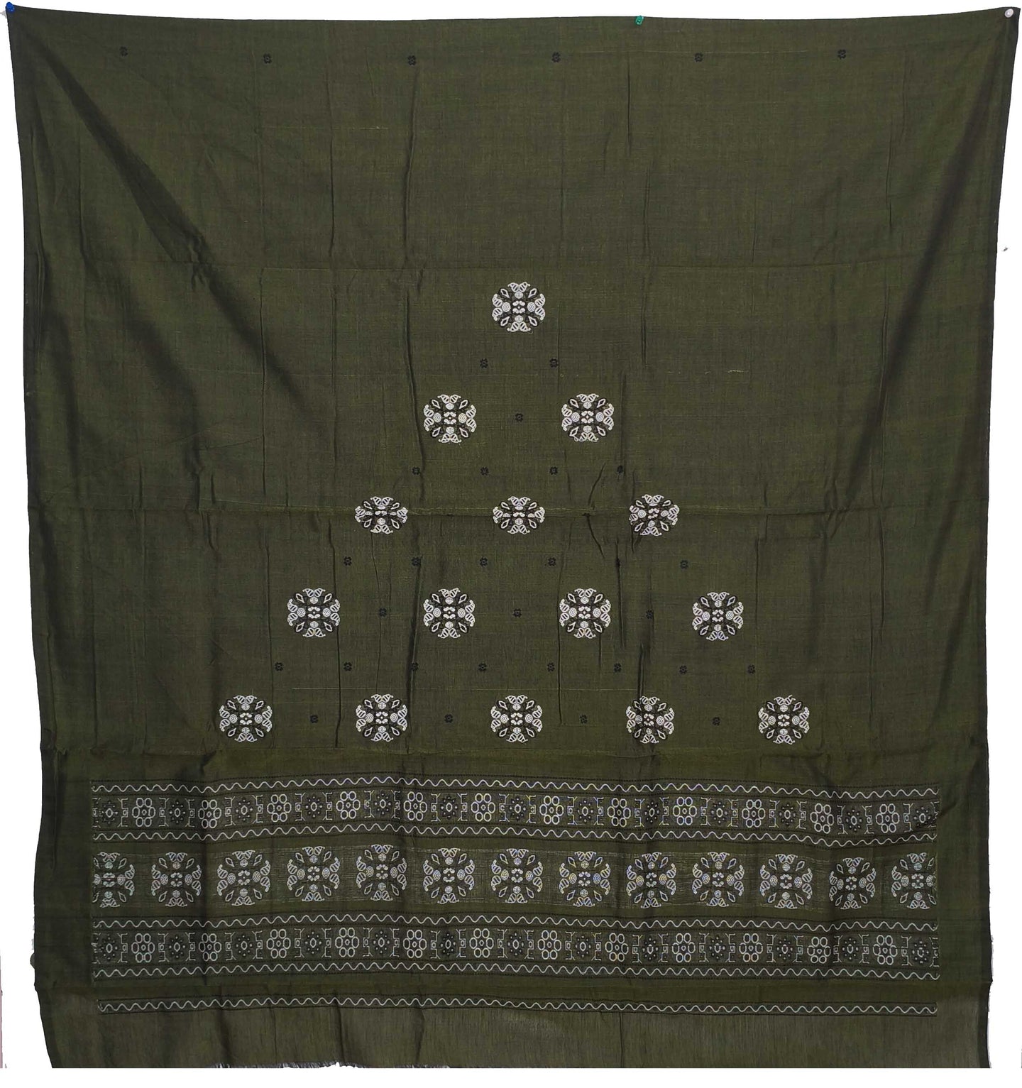 Dark Olive Green Top With White Pant & Chunri Bomkai Dress Set