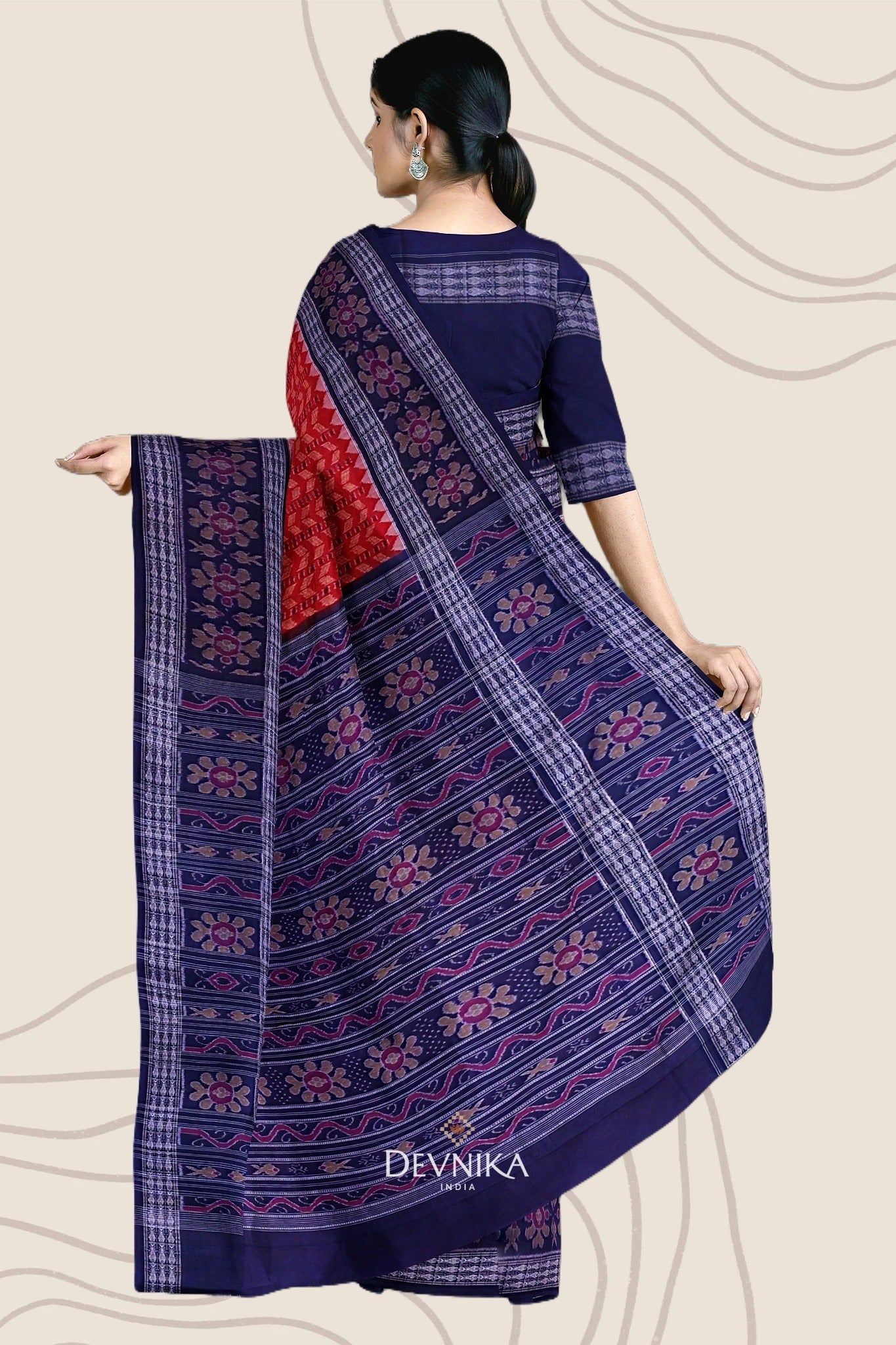 Deep Red Blue Khajuri Pati Bandha Handloom Cotton Saree | Odisha Handloom | Devnika