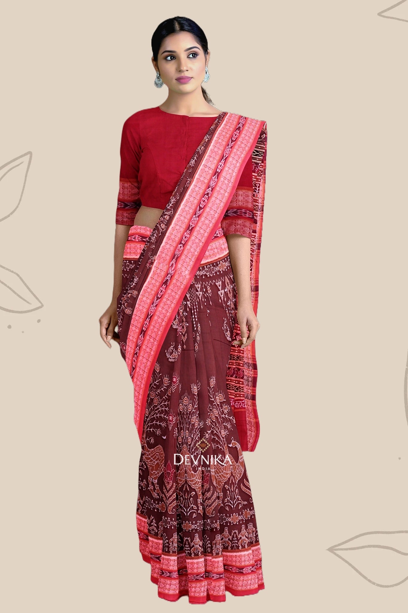 Deep Brown Peacock Bandha Handloom Cotton Saree | Odisha Handloom | Devnika