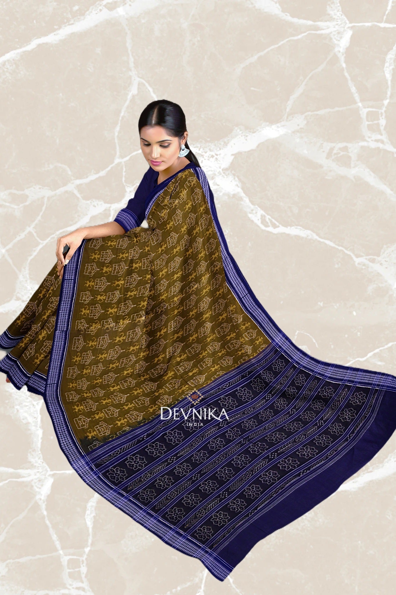 Olive Teracota Bandha Handloom Cotton Saree | Odisha Handloom | Devnika