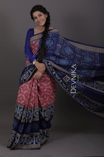 Pink Double Border Bandha Saree | Odisha Handloom GI Tagged | Devnika