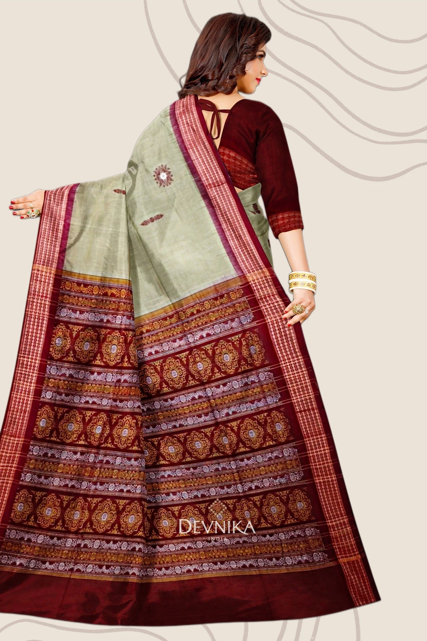 Grey Green Bomkai Handloom Cotton Saree | Odisha Handloom | Devnika