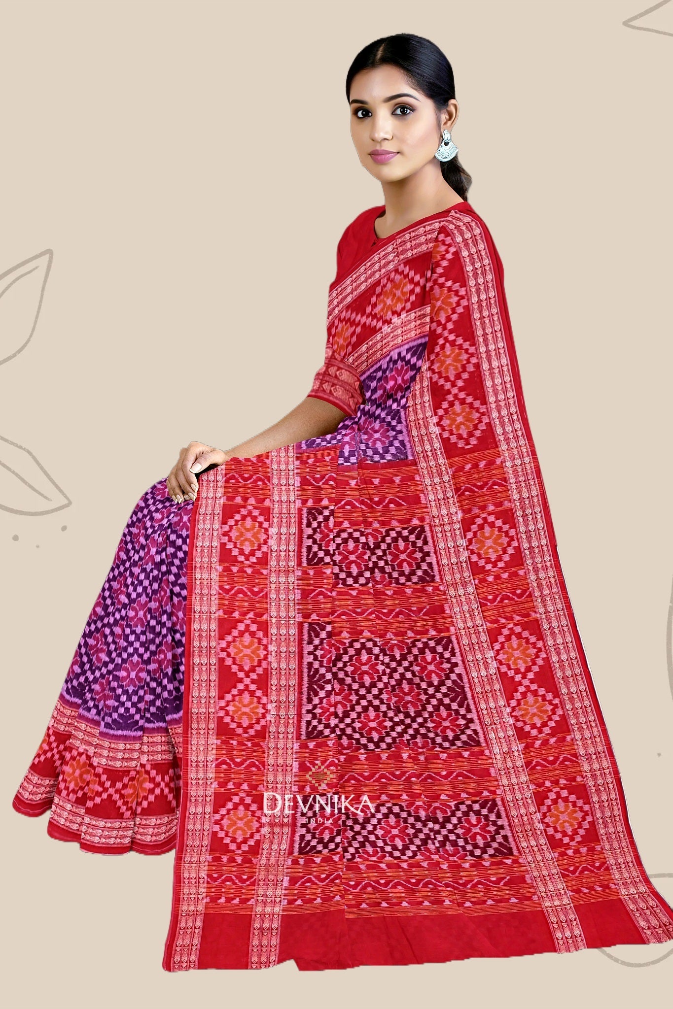 Purple Big Border Bandha Handloom Cotton Saree | Odisha Handloom | Devnika