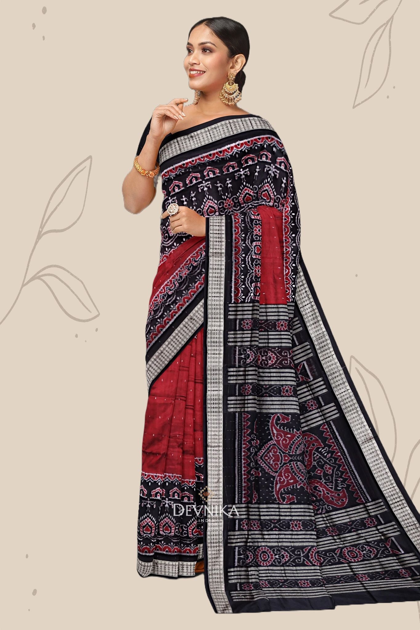 Maroon Teracota Teracota Bandha Silk Saree | Odisha Handloom GI Tagged | Devnika