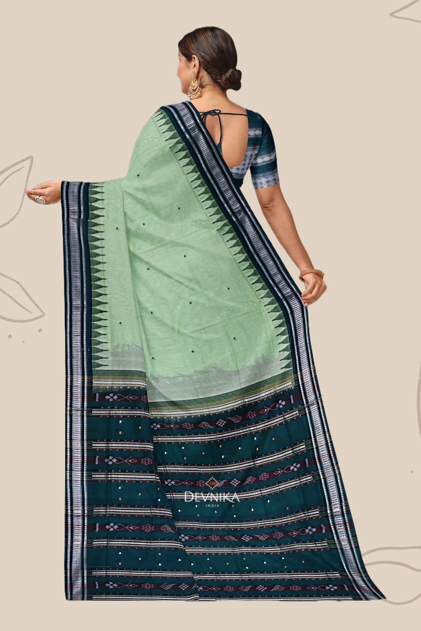 Light Green Temple Border Cotton Bapta Saree