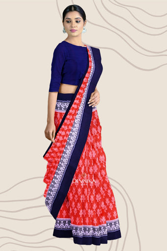 Orange Double Border Bandha Handloom Cotton Saree | Odisha Handloom | Devnika