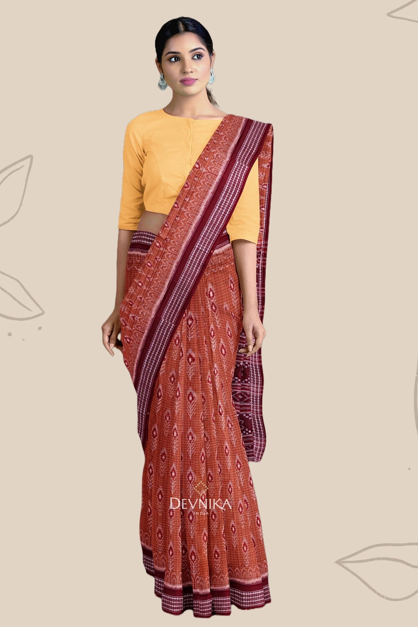 Brown With Maroon Body Bandha Handloom Cotton Saree | Odisha Handloom | Devnika