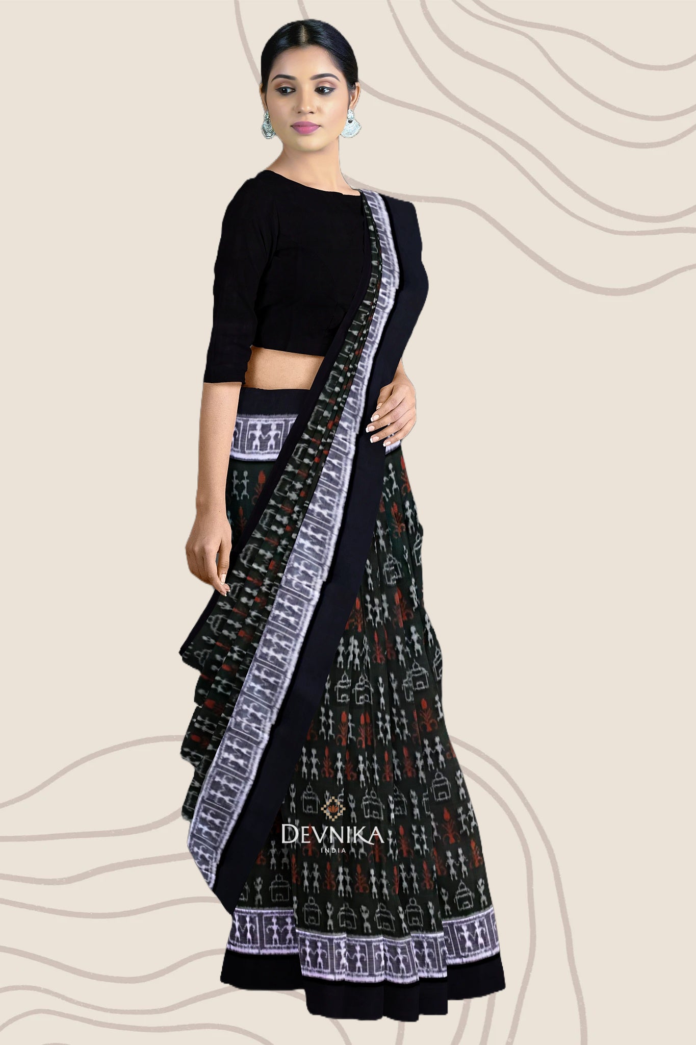 Dark Olive Green Teracota Bandha Handloom Cotton Saree | Odisha Handloom | Devnika