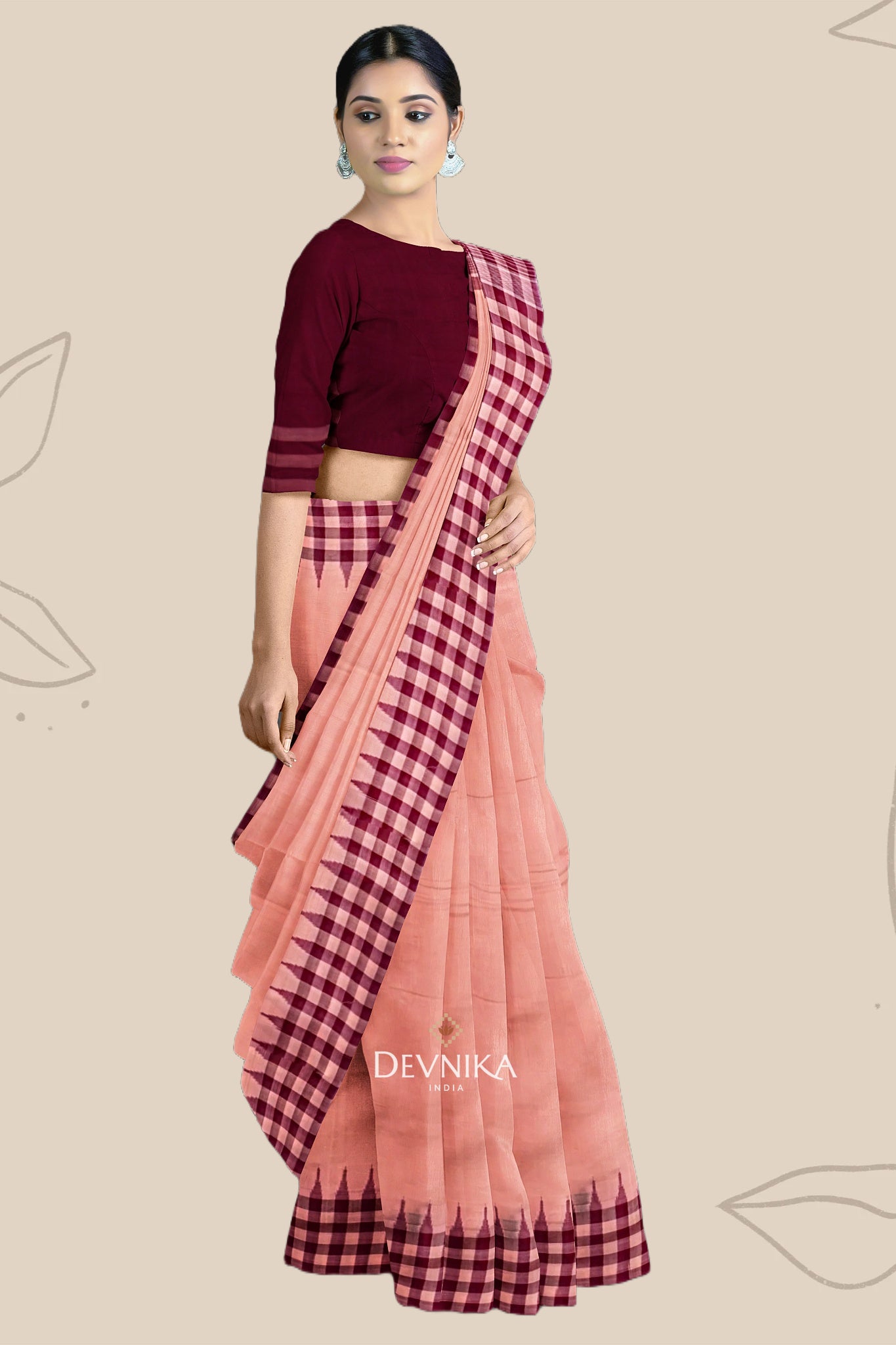 Beige Coral Odisha High School Teacher Saree