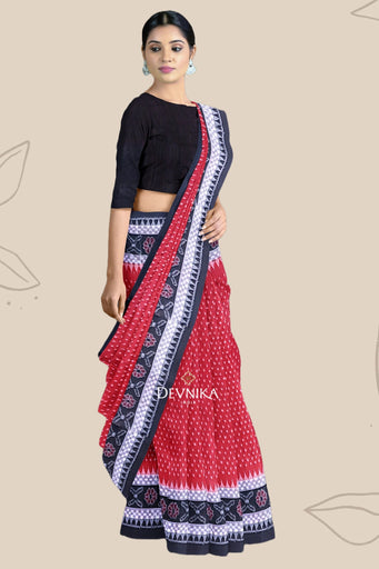 Red Double Border Bandha Handloom Cotton Saree | Odisha Handloom | Devnika