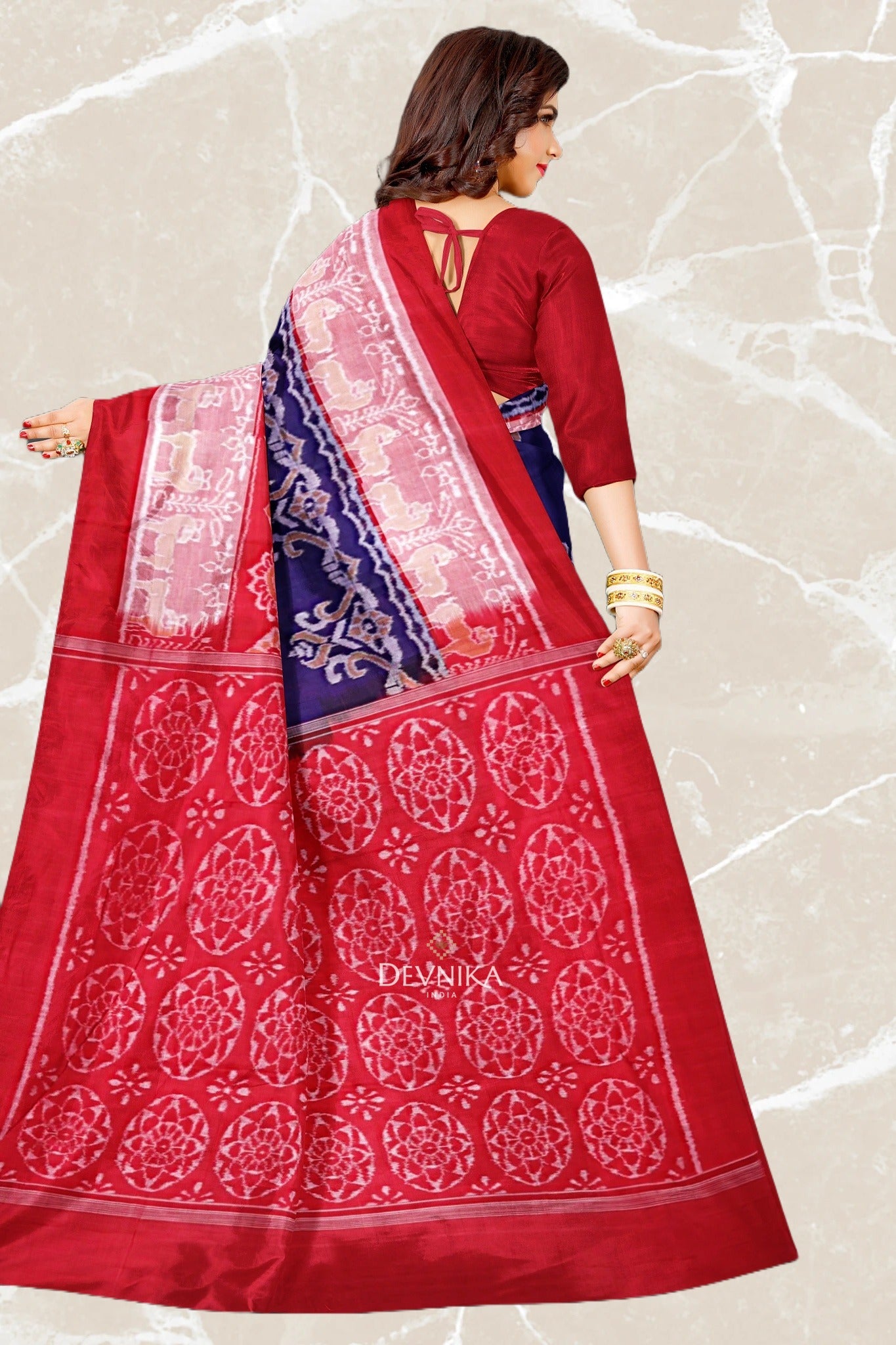 Navy Blue Double Border Bandha Handloom Cotton Saree | Odisha Handloom | Devnika