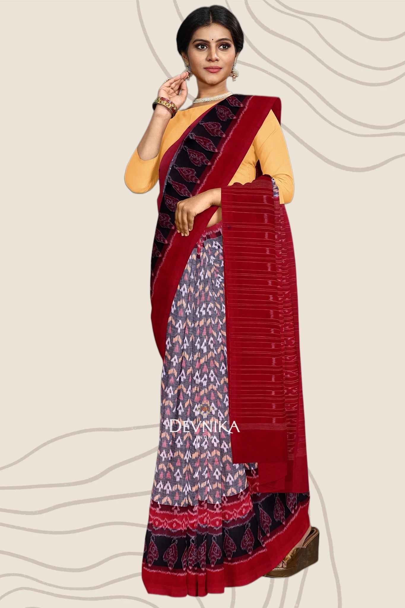 White, Bronze Double Border Bandha Handloom Cotton Saree | Odisha Handloom | Devnika