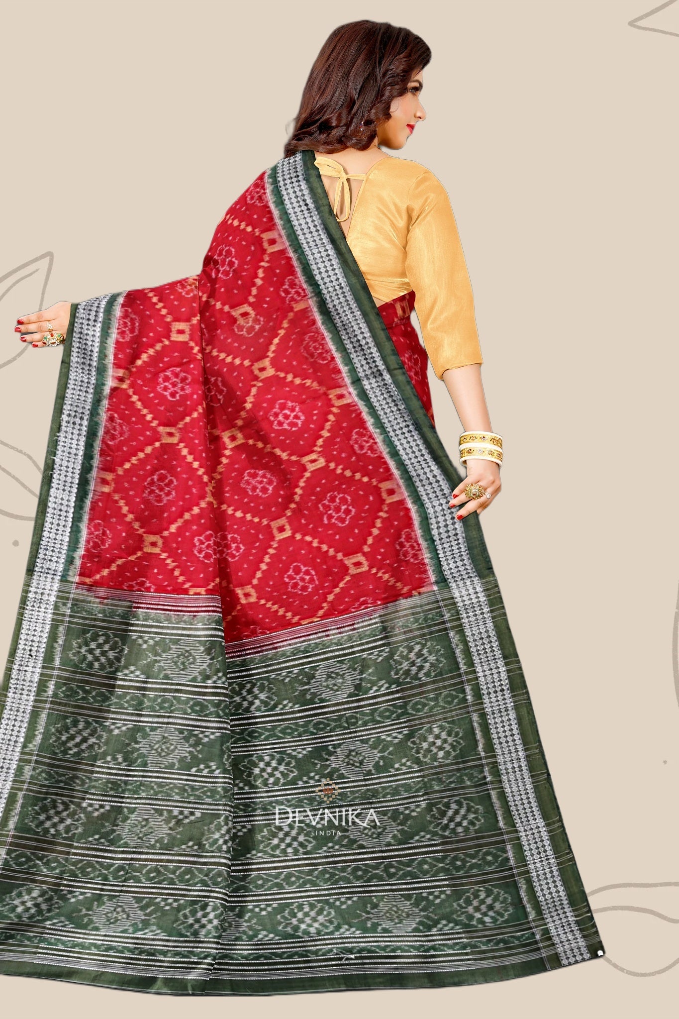 Deep Red Body Bandha Handloom Cotton Saree | Odisha Handloom | Devnika