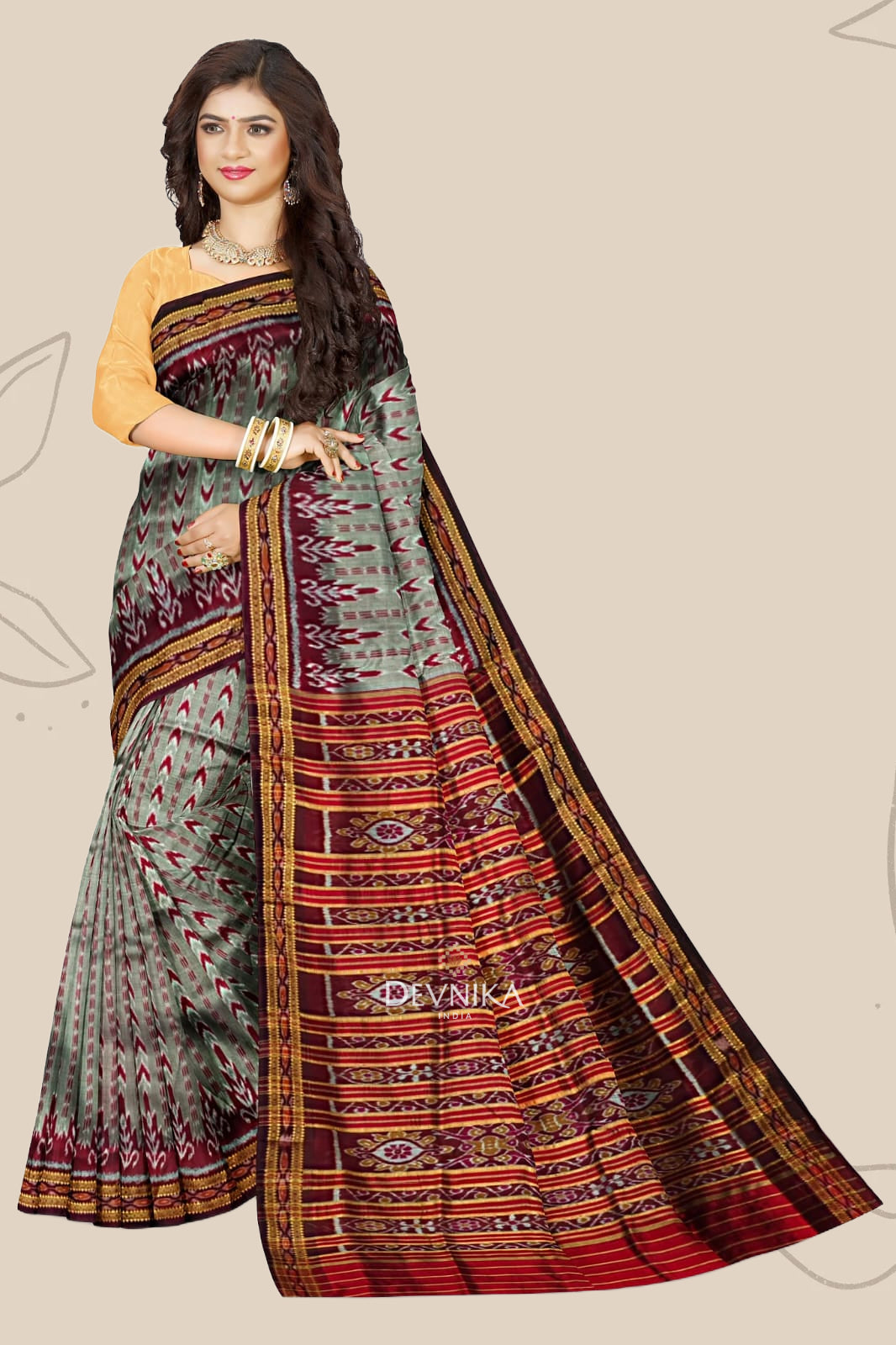 Grey Dhanapatri Khandua Pata Saree | Odisha Handloom | Devnika