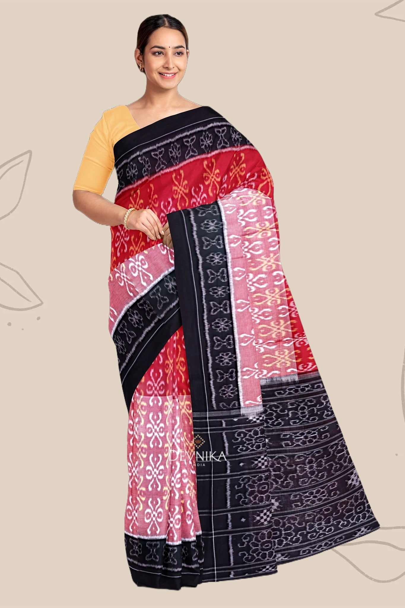 Red color Black Body Bandha Handloom Cotton Saree | Odisha Handloom | Devnika