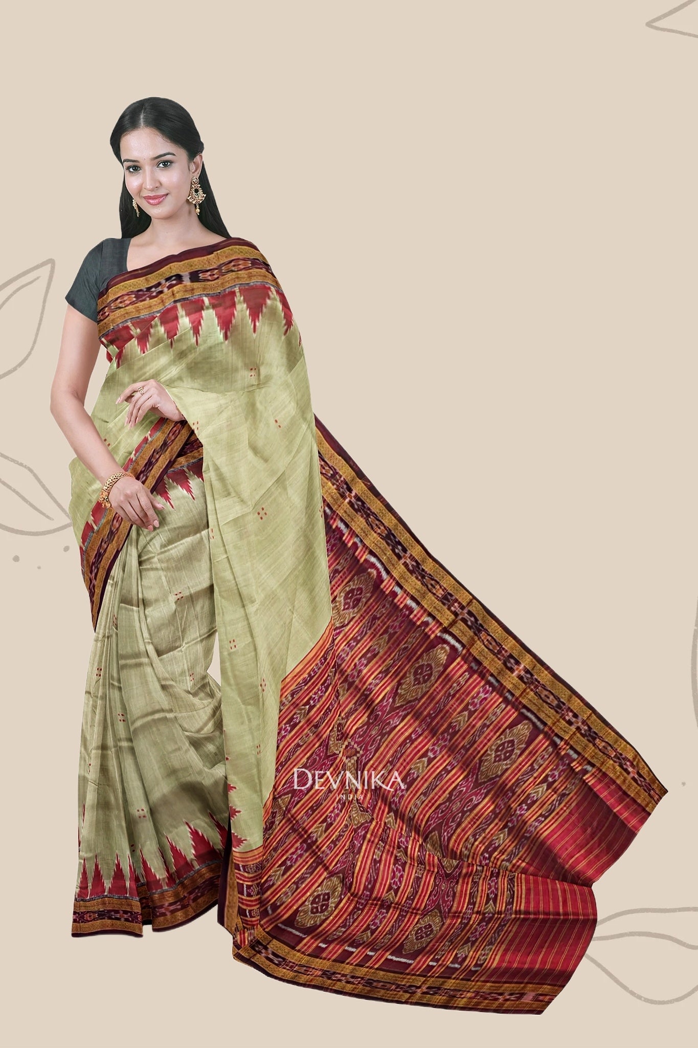 Matha Brown Big Temple Border Khandua Pata Saree | Odisha Handloom | Devnika