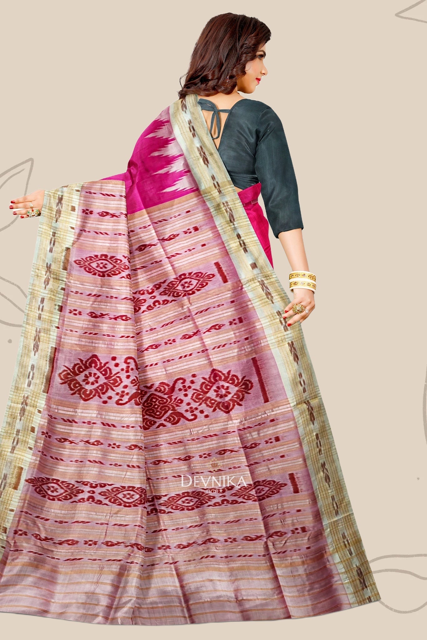 Hot Pink Big Temple Border Khandua Pata Saree