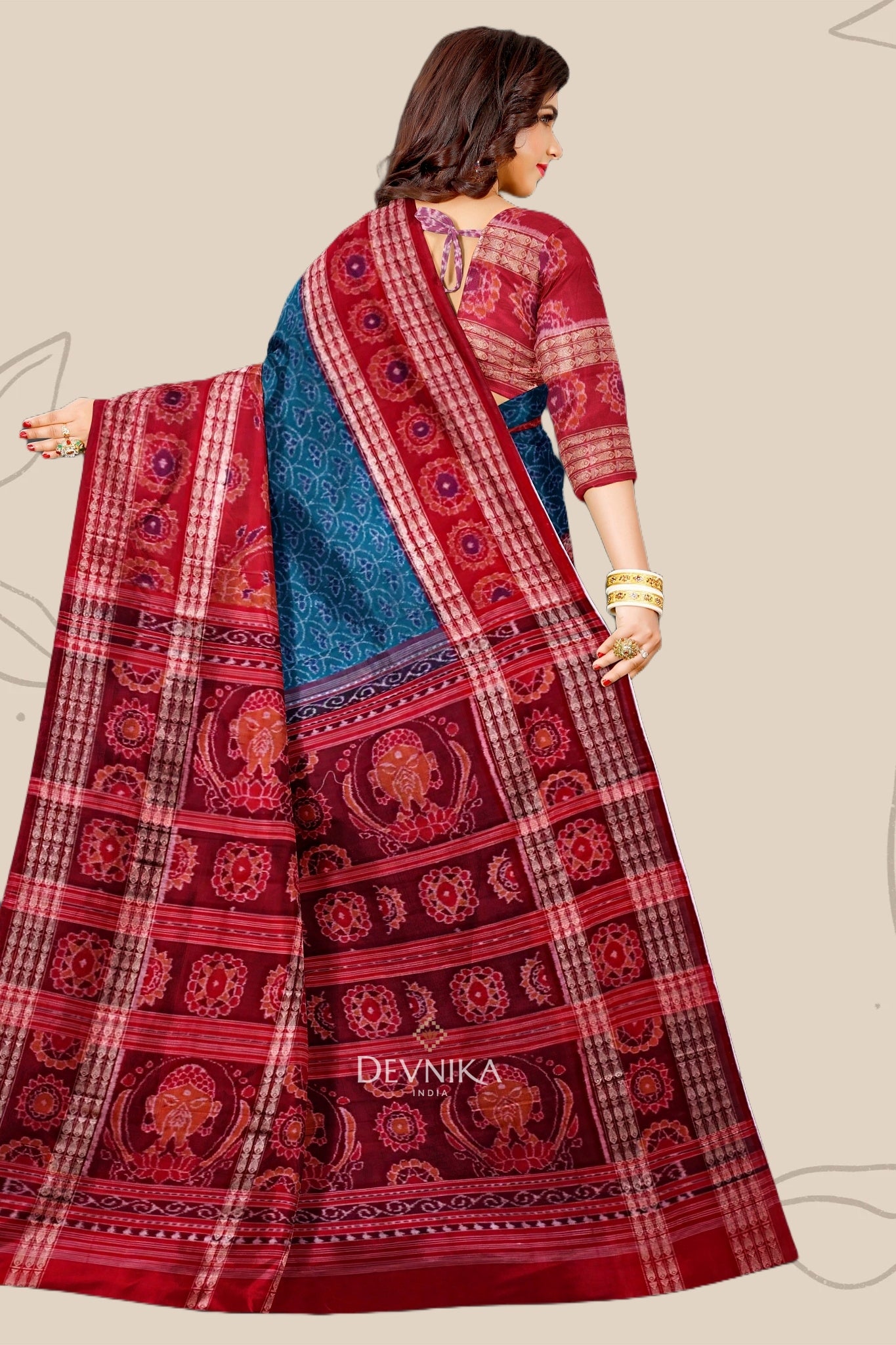 Teal Green Namaskar Bandha Handloom Cotton Saree | Odisha Handloom | Devnika