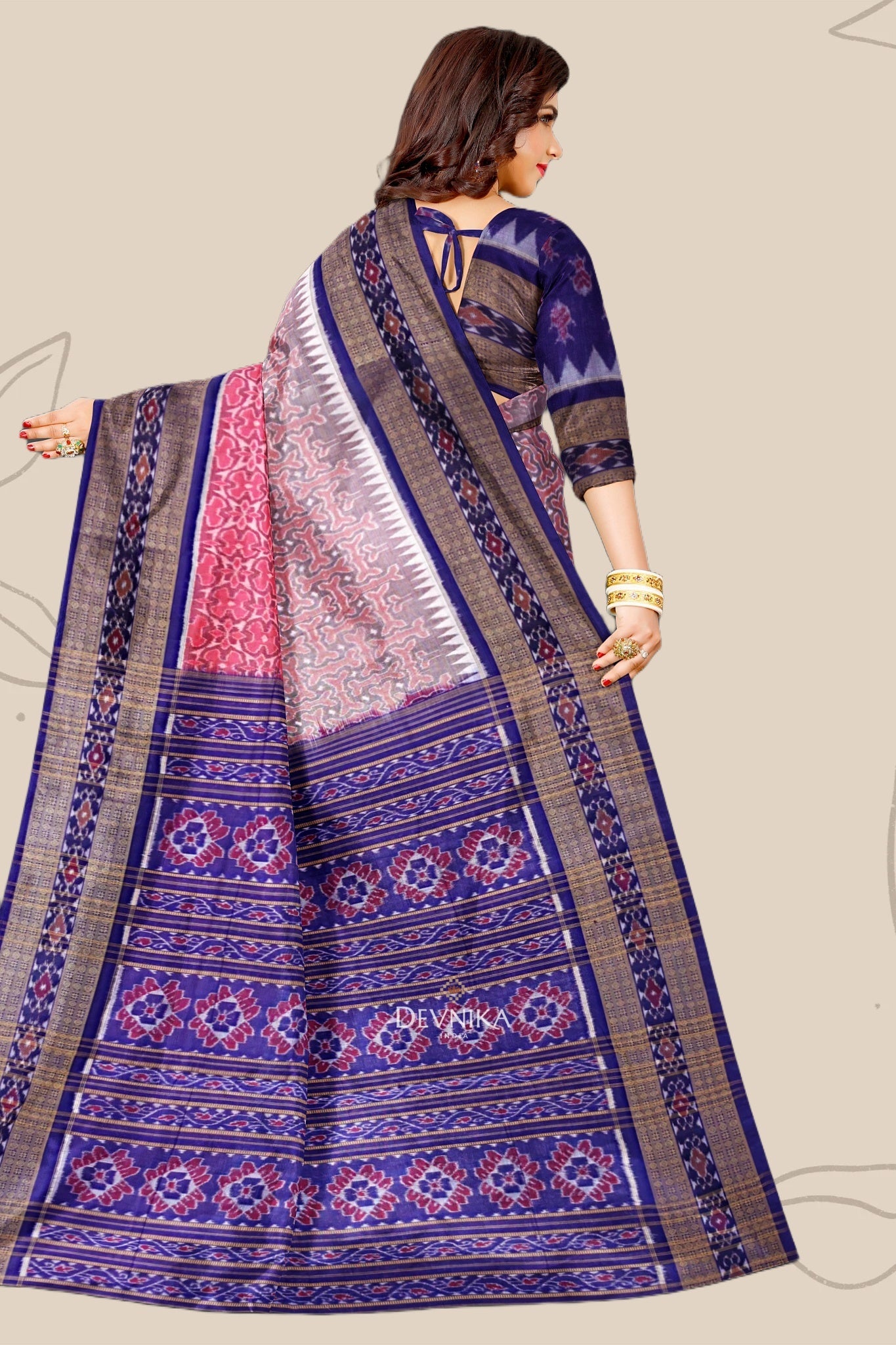 Sweet Pink Double Border Bandha Handloom Cotton Saree | Odisha Handloom | Devnika