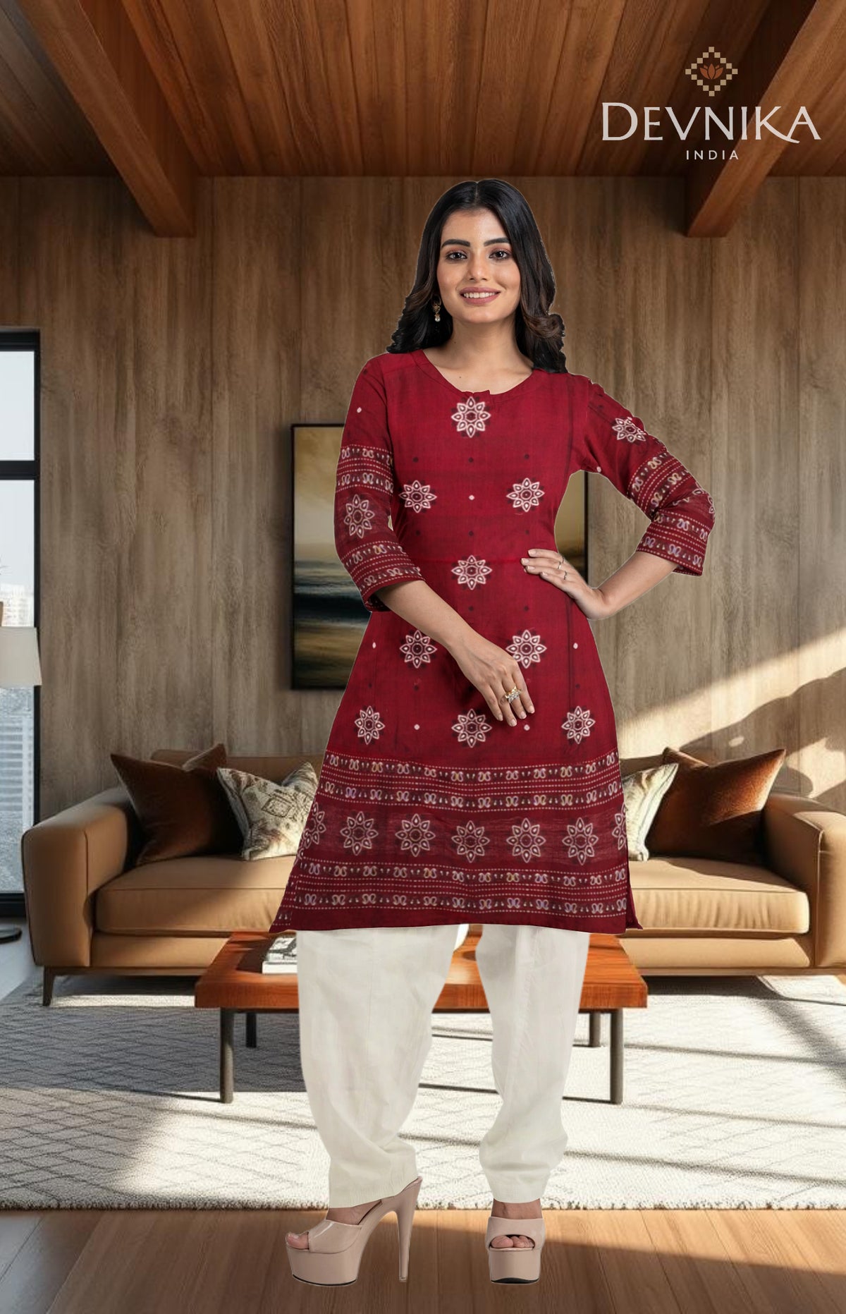 Deep Maroon With White Pant & Chunri Bomkai Dress Set