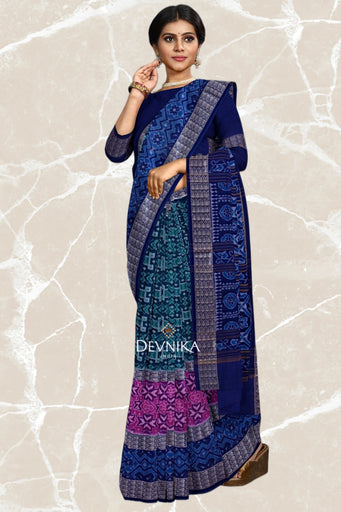 Green Blue Double Border Bandha Handloom Cotton Saree | Odisha Handloom | Devnika