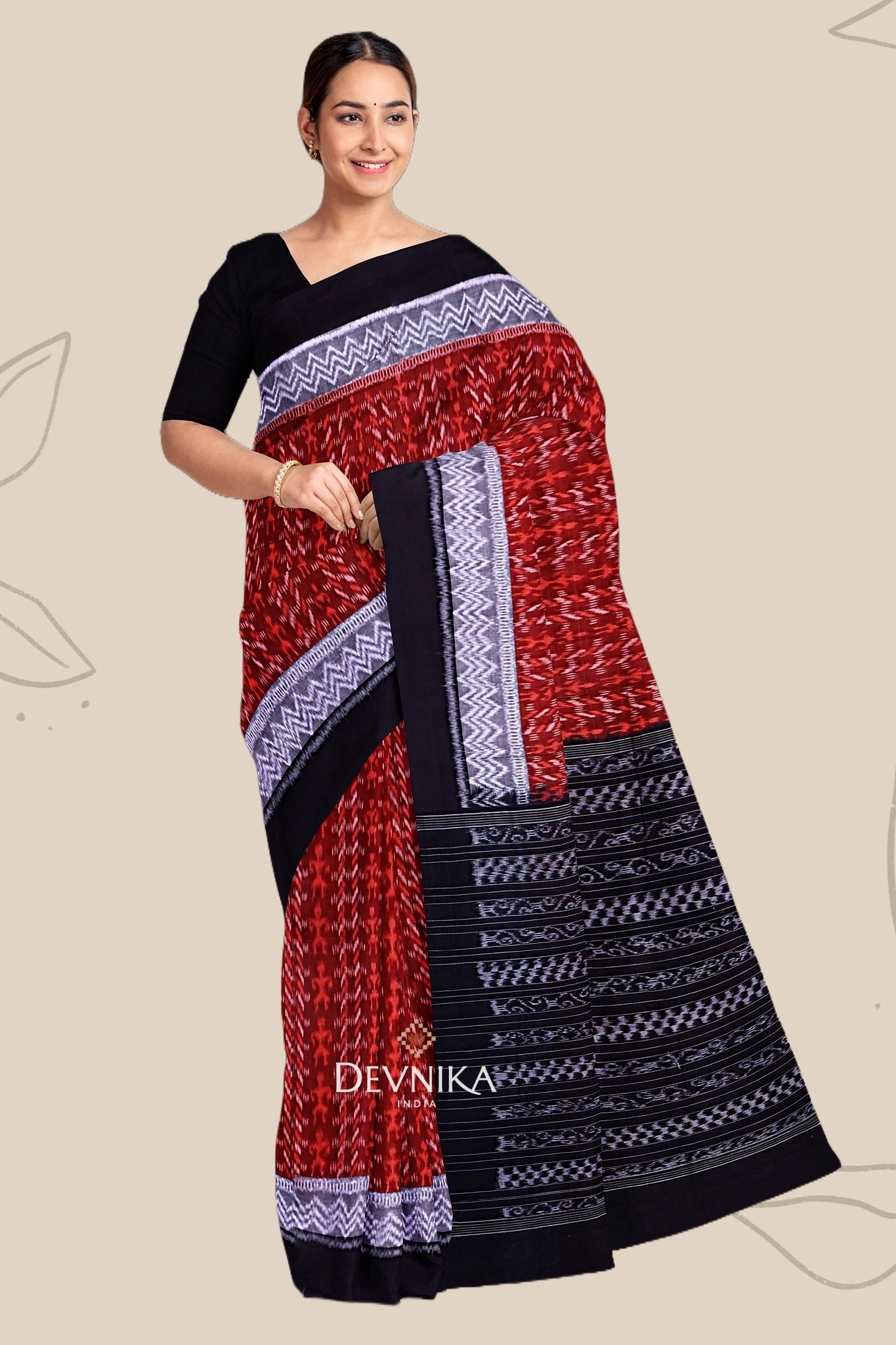 Brown Double Border Bandha Handloom Cotton Saree | Odisha Handloom | Devnika