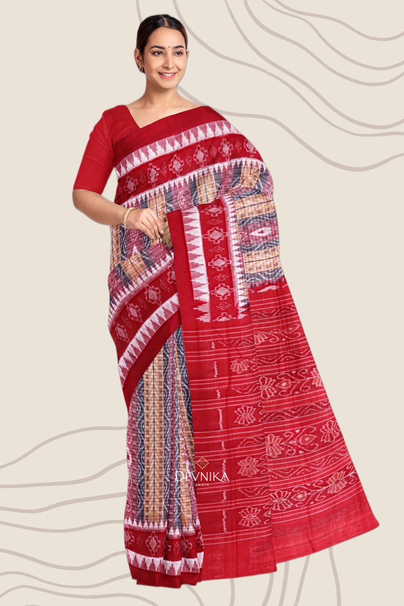 Yellow Red And Black Body Bandha Handloom Cotton Saree | Odisha Handloom | Devnika