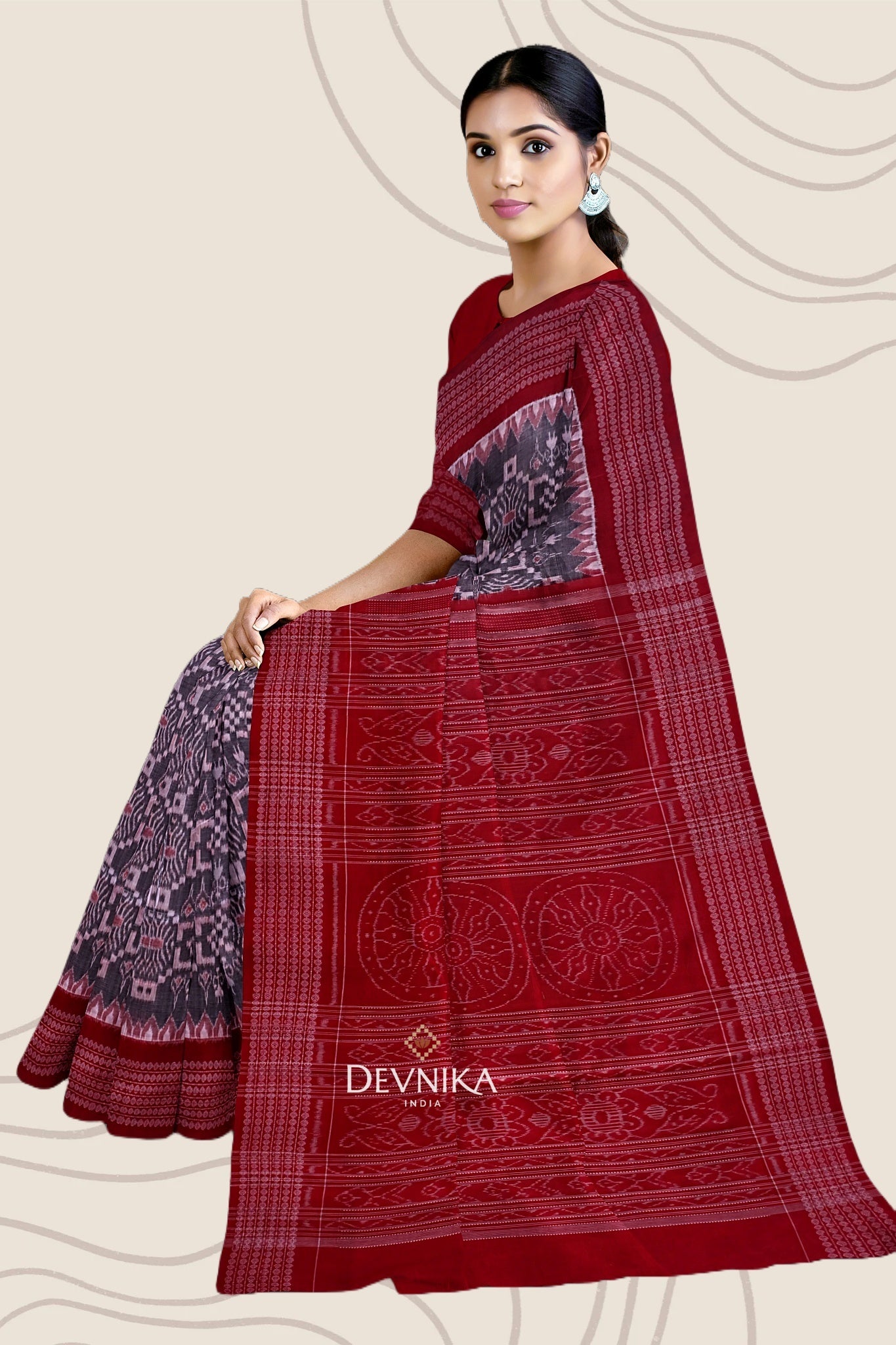 Red And White Body Bandha Handloom Cotton Saree | Odisha Handloom | Devnika