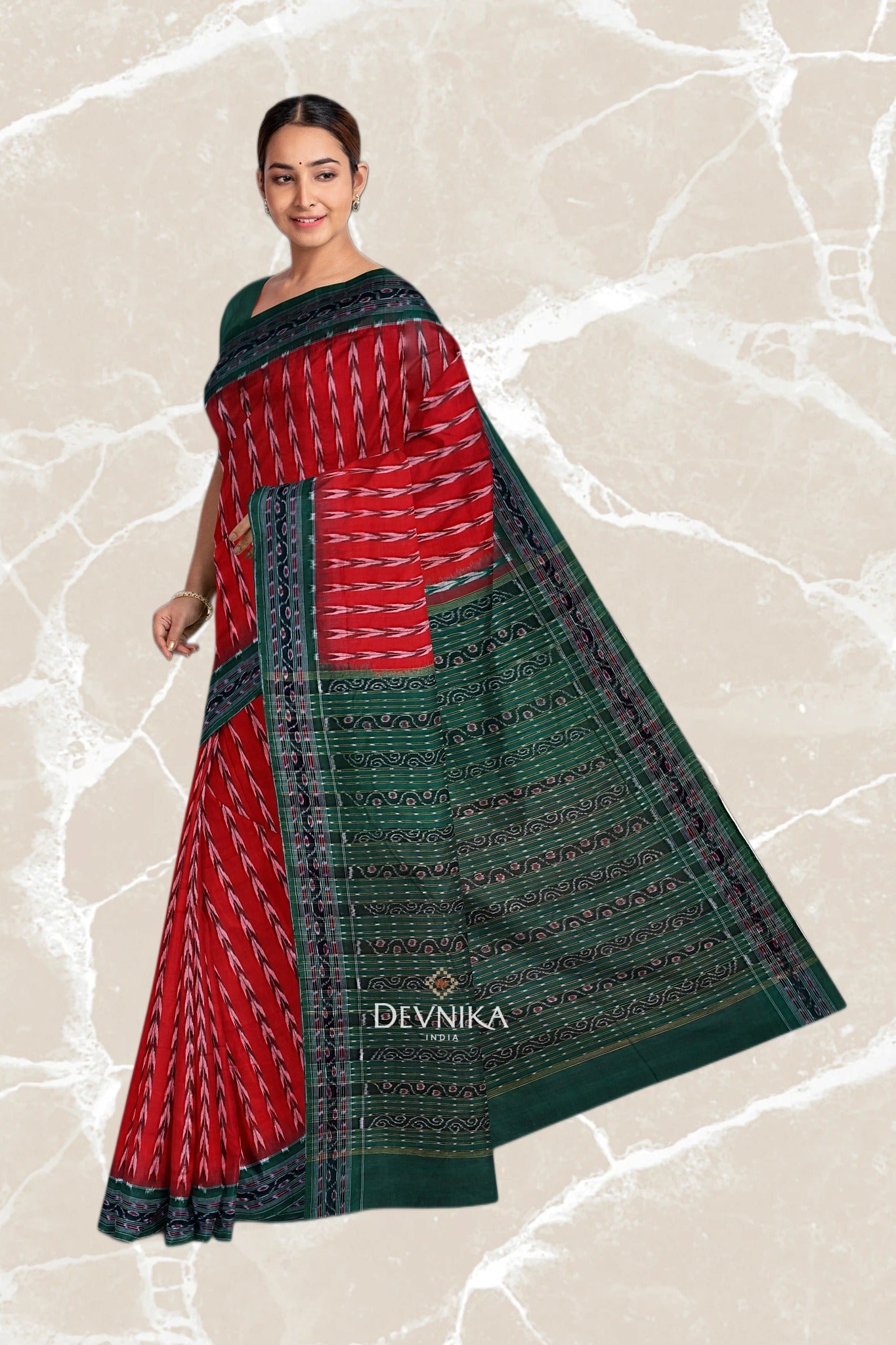 Deep Red Green Khajuri Pati Bandha Handloom Cotton Saree | Odisha Handloom | Devnika
