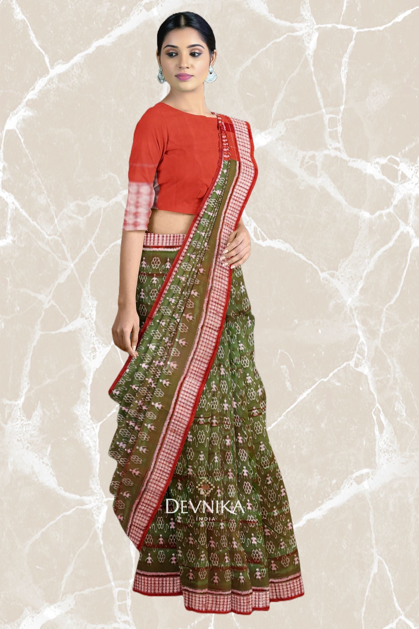 Rust Green Teracota Bandha Silk Saree | Odisha Handloom GI Tagged | Devnika
