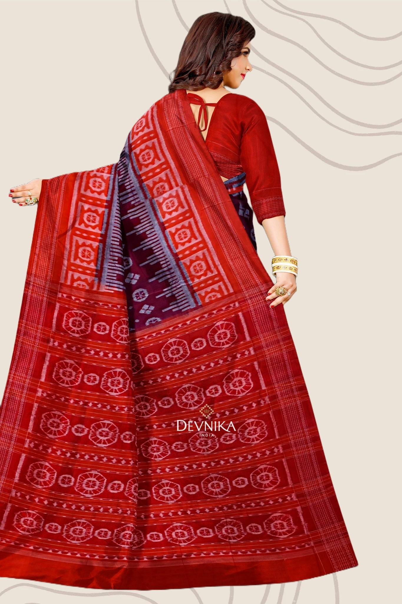 Dark Maroon Big Border Bandha Handloom Cotton Saree | Odisha Handloom | Devnika