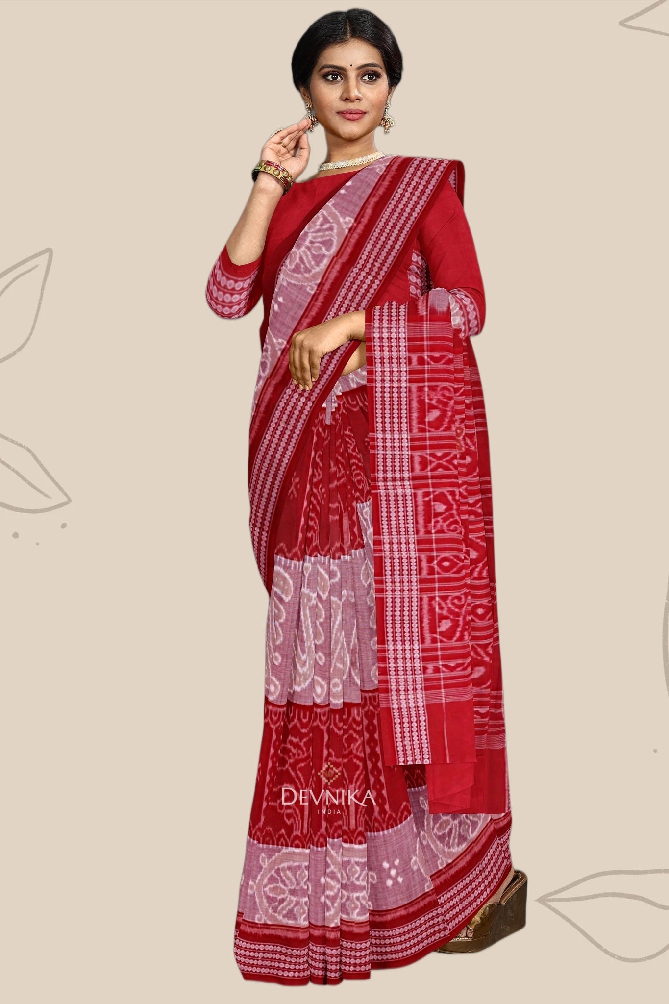 Red And Yellow Body Bandha Handloom Cotton Saree | Odisha Handloom | Devnika
