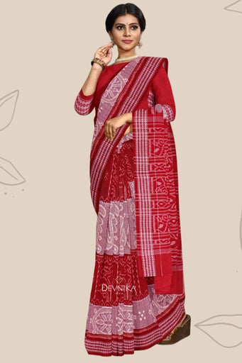 Red And Yellow Body Bandha Handloom Cotton Saree | Odisha Handloom | Devnika