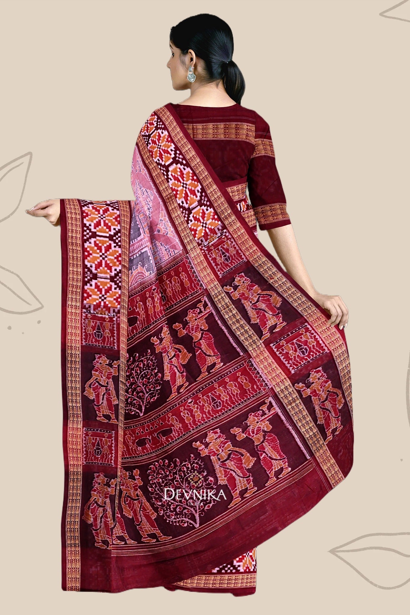 Light Red Konark Bandha Handloom Cotton Saree | Odisha Handloom | Devnika