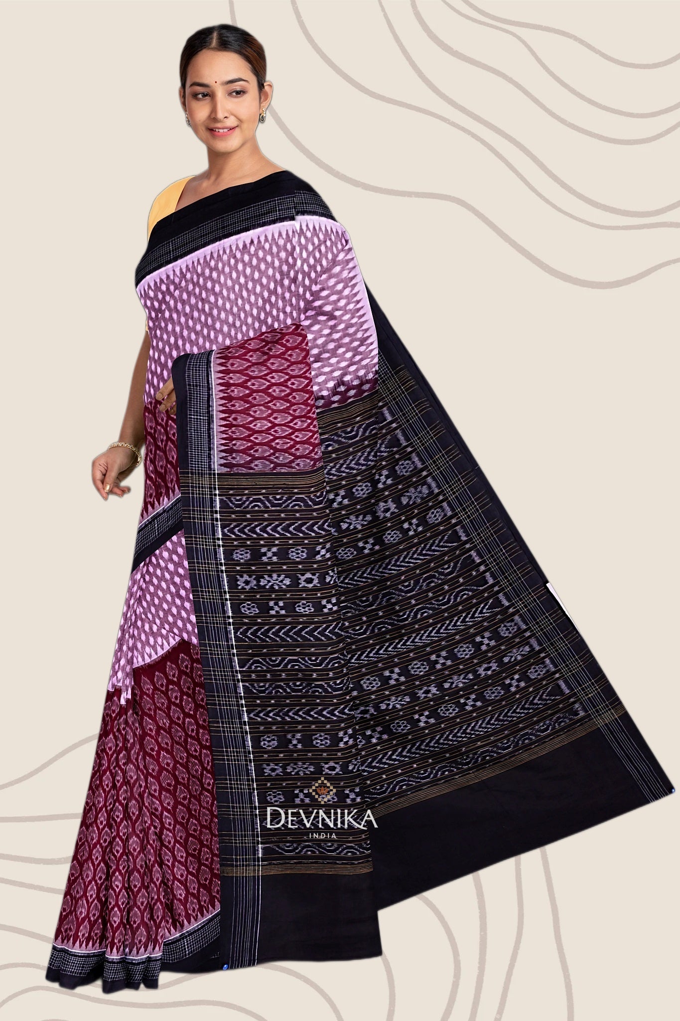 Maroon Light Plum Half Half Bandha Handloom Cotton Saree | Odisha Handloom | Devnika
