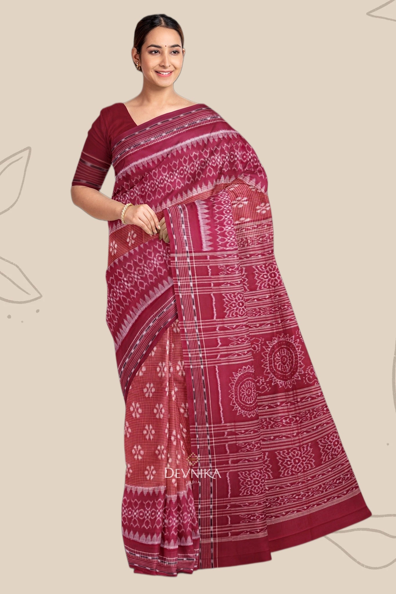 Brown Maroon Body Bandha Handloom Cotton Saree | Odisha Handloom | Devnika