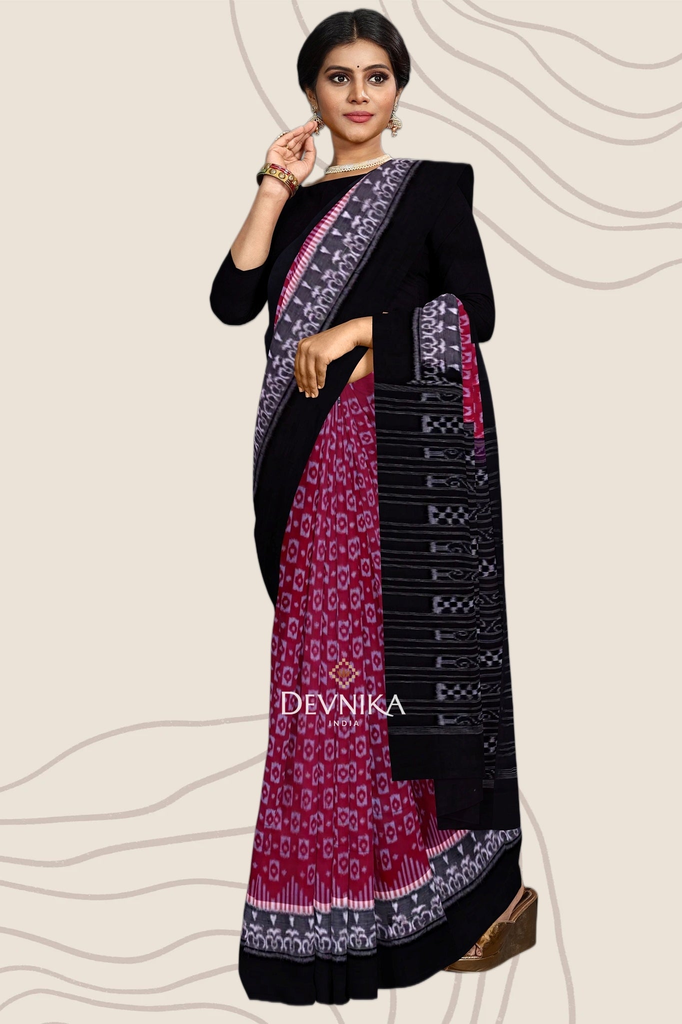 White And Burgundy Double Border Bandha Handloom Cotton Saree | Odisha Handloom | Devnika