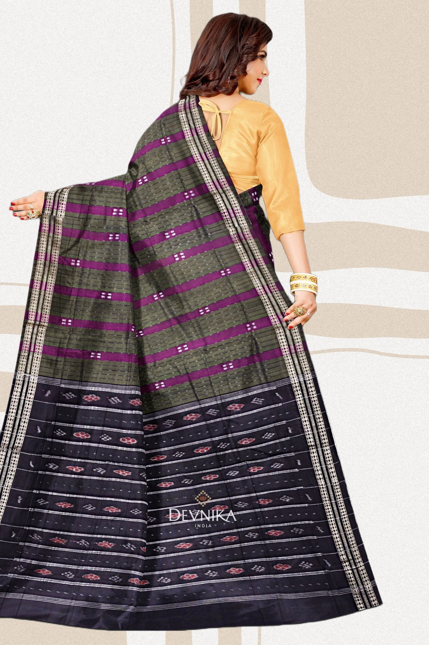 Purple And Dark Olive Bomkai Line Butti Handloom Cotton Saree | Odisha Handloom | Devnika