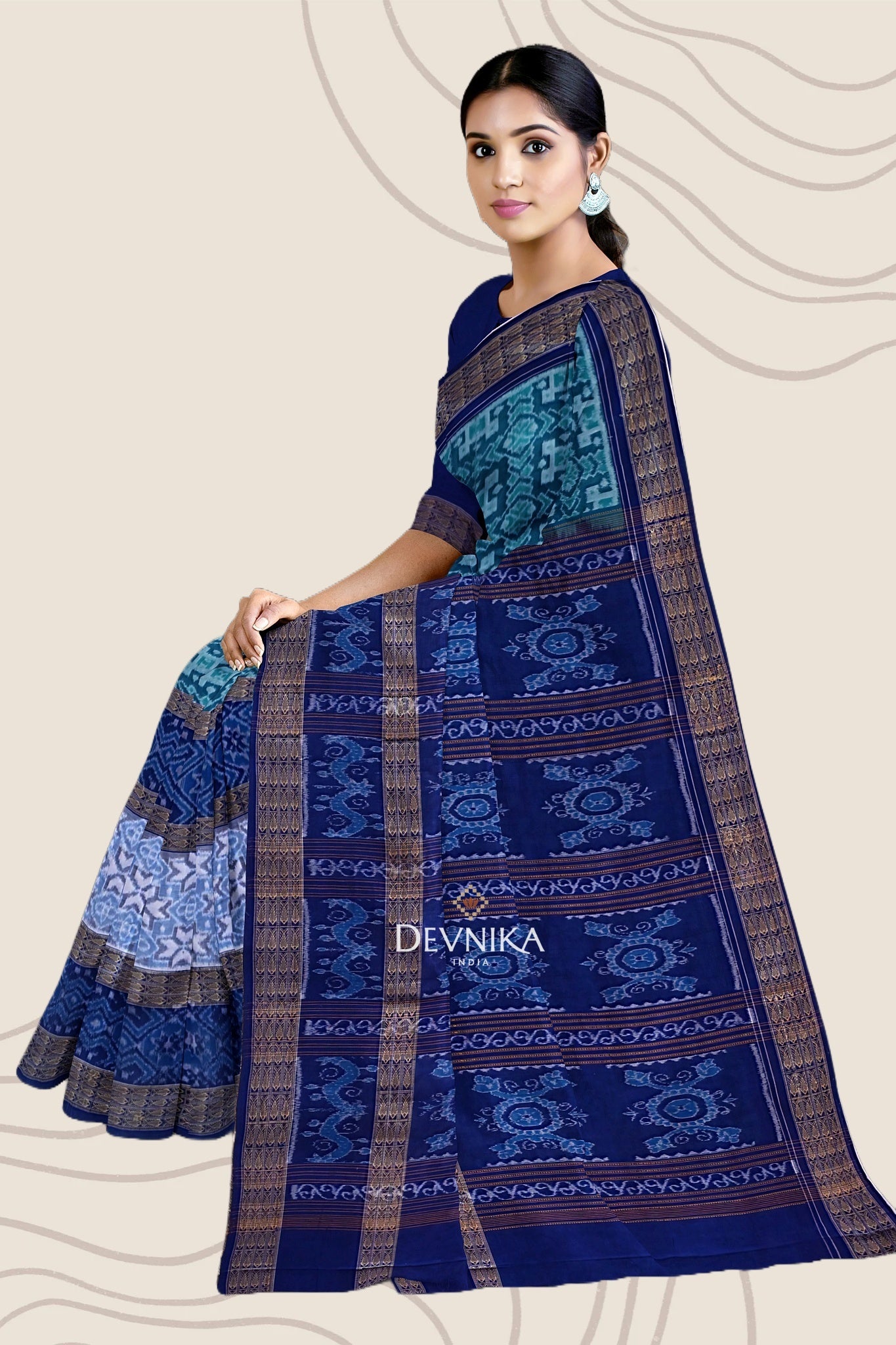 Cyan Double Border Bandha Handloom Cotton Saree | Odisha Handloom | Devnika