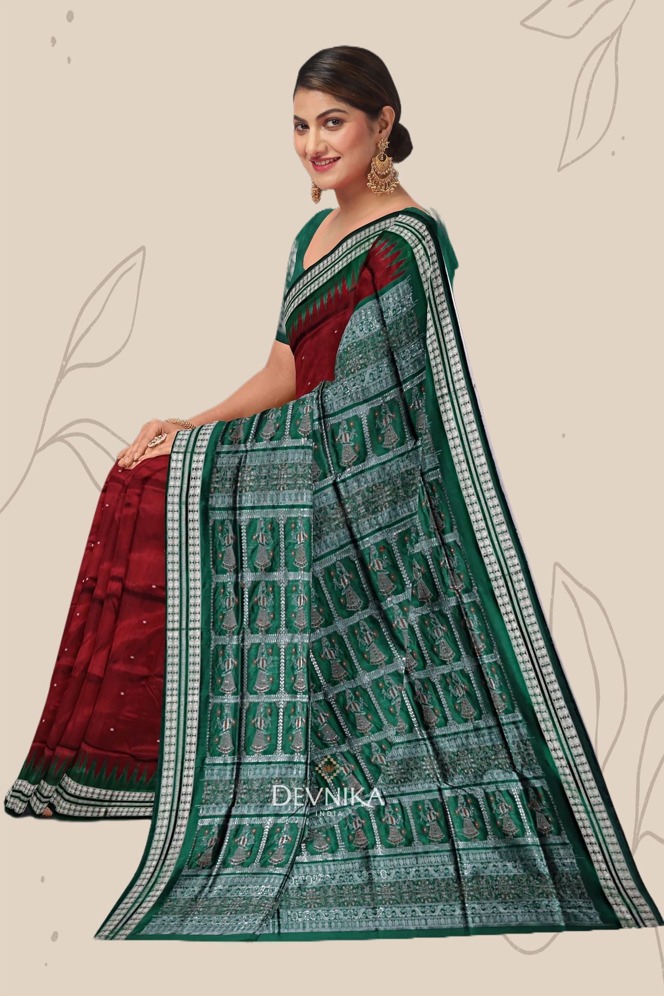 Dark Maroon With Forest Green Bomkai Butti Silk Saree | Odisha Handloom GI Tagged | Devnika