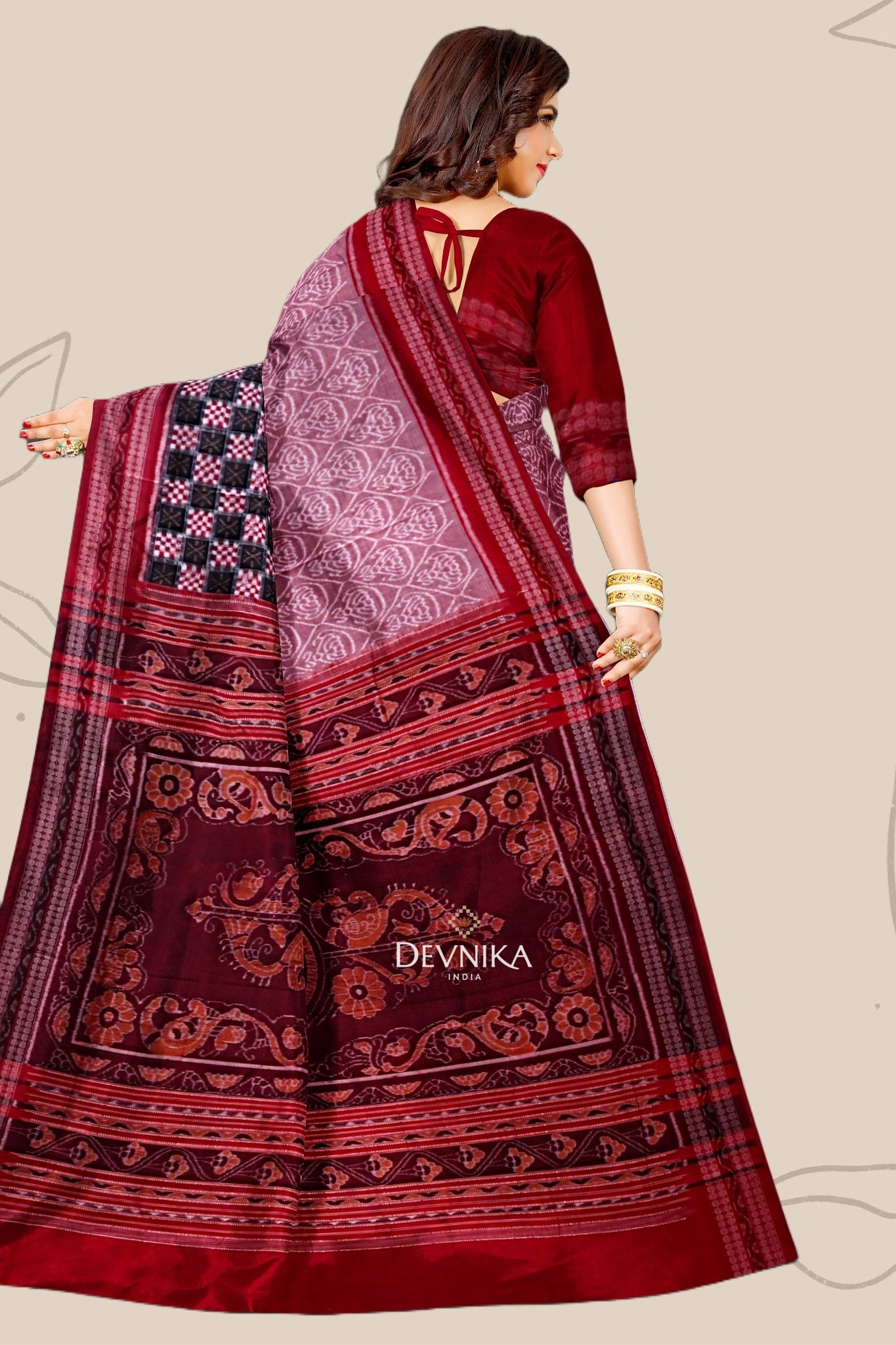 White And Dusty Rose Big Border Bandha Handloom Cotton Saree | Odisha Handloom | Devnika
